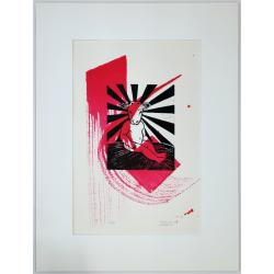 Linogravure Astérion avec gestuelle rouge