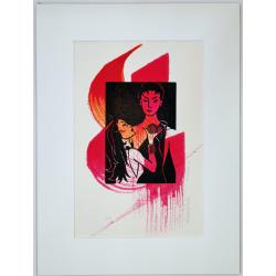 Linogravure Ariane et Thésée avec gestuelle rouge