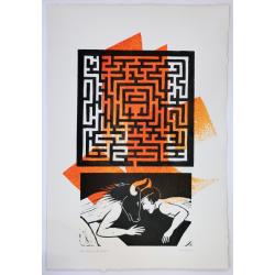 Linogravure Labyrinthe et le Combat avec gestuelle orange