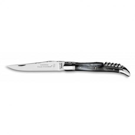 Couteau Laguiole manche corne noire avec tire-bouchon, mitres laiton
